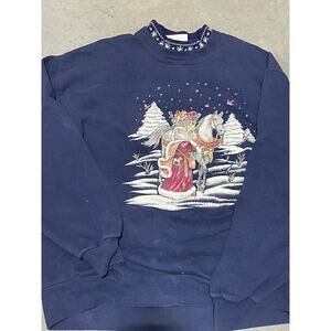 Santa Claus with Horse, Blue Sweatshirt, Morning Sun, Jerzees, Size L, Winter